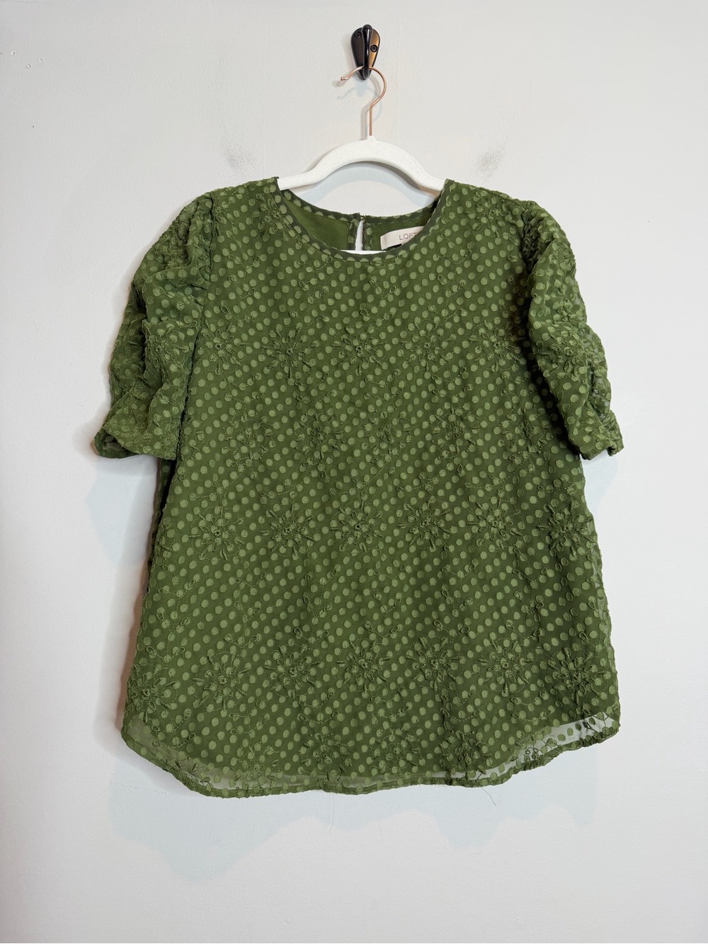 LOFT Olive Green Swiss Dot Floral Embroidered Puff Sleeve Blouse Large